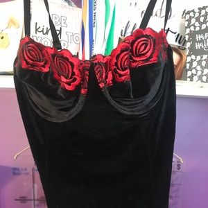 Bustier top, black velvet, red rose embroidery, adjustable straps